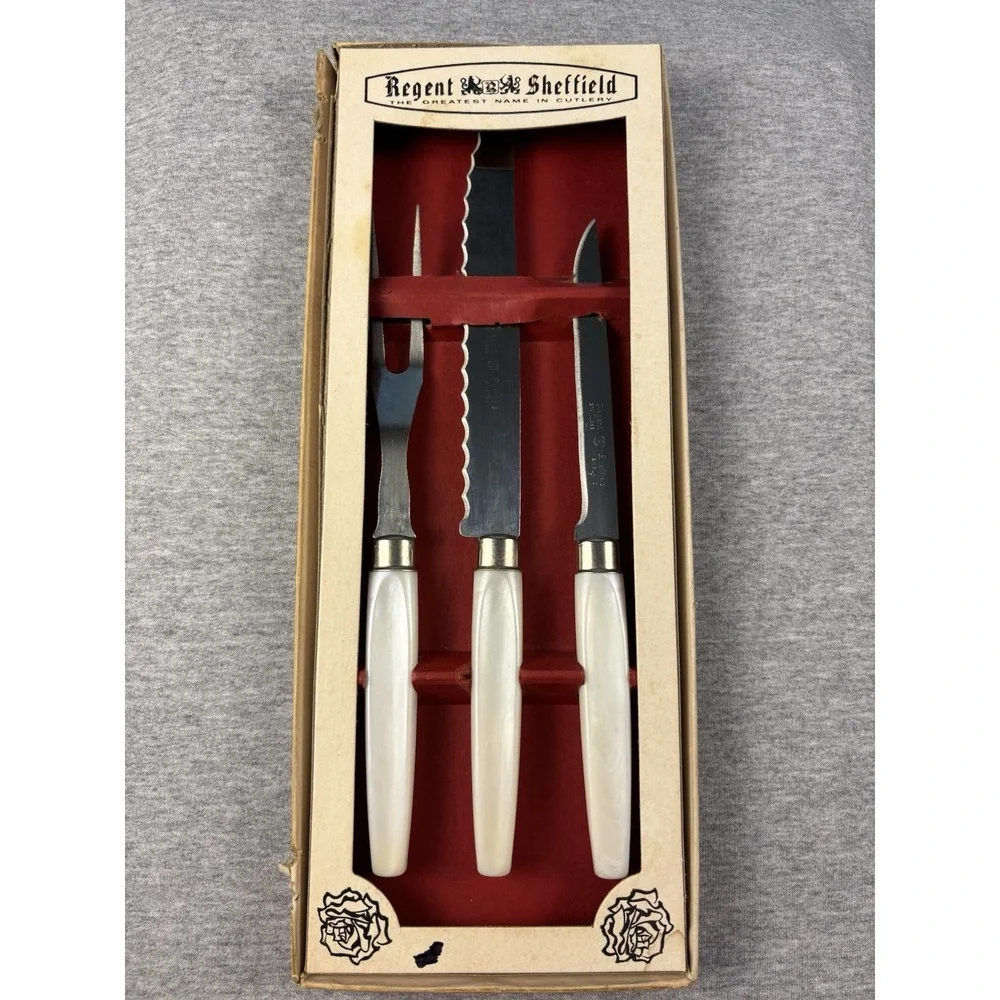 Vtg Regent Sheffield 3 Pc Party N Snack Host Serving Pearlex Handles Carving Set